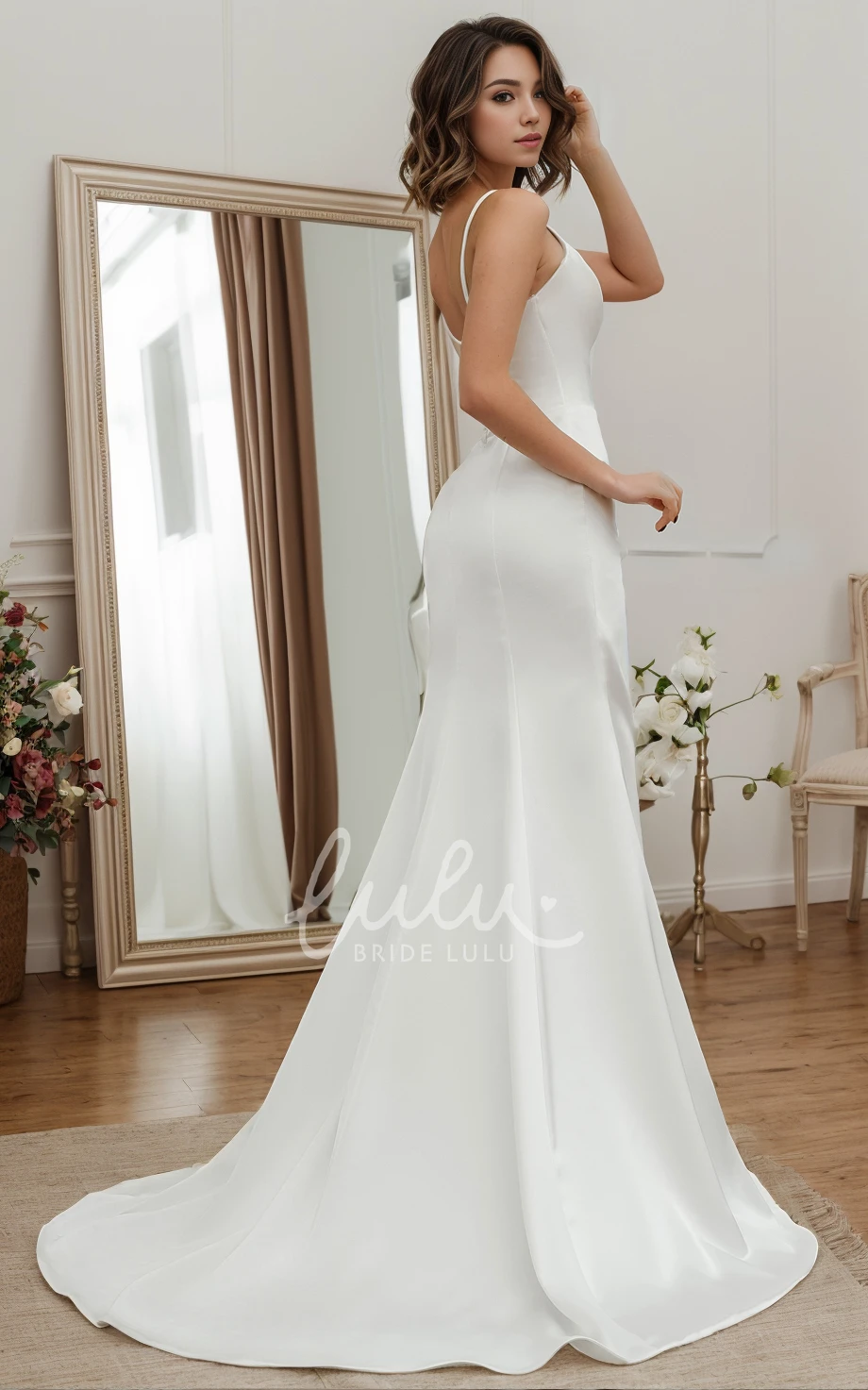Casual Sexy Mermaid Satin Sweetheart Neck Spaghetti Split Front Ruching Wedding Dress Simple Solid Sleeveless Floor-length Backless Bridal Gown with Train