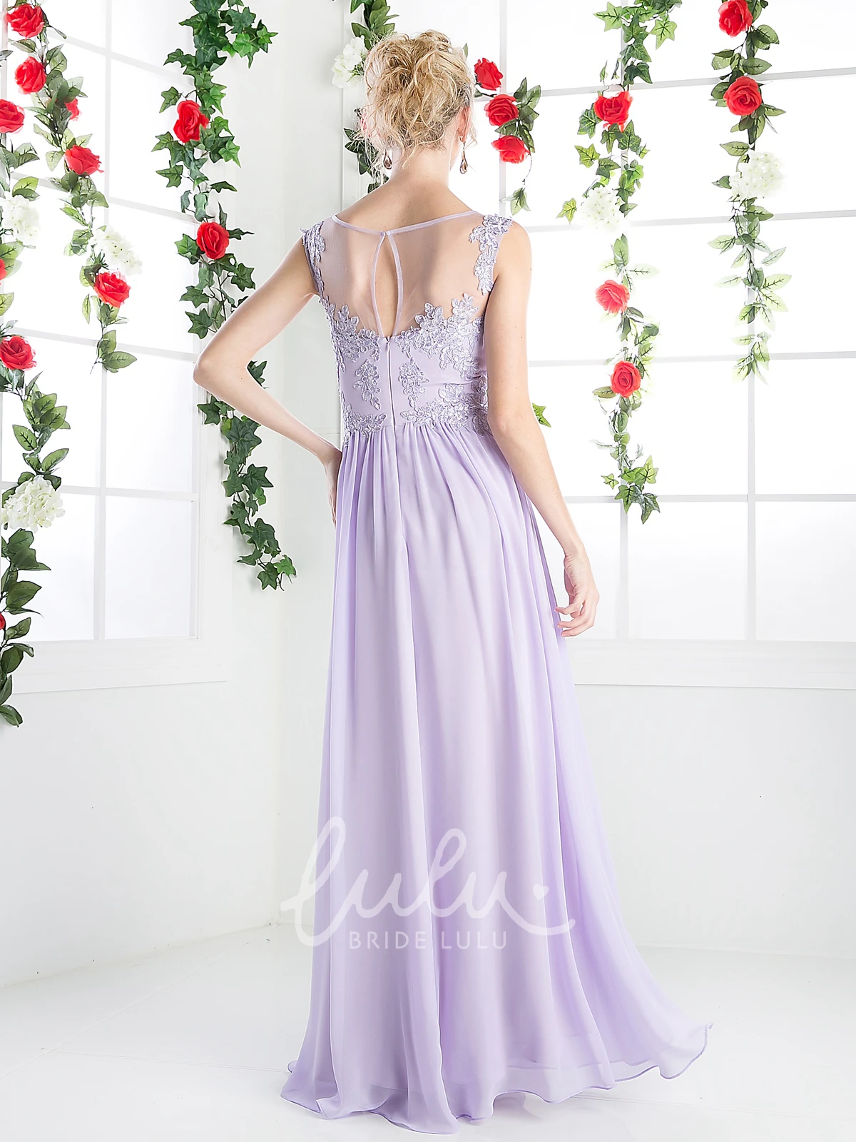 Scoop-Neck Sleeveless Sheath Dress with Appliques and Illusion in Chiffon Fabric