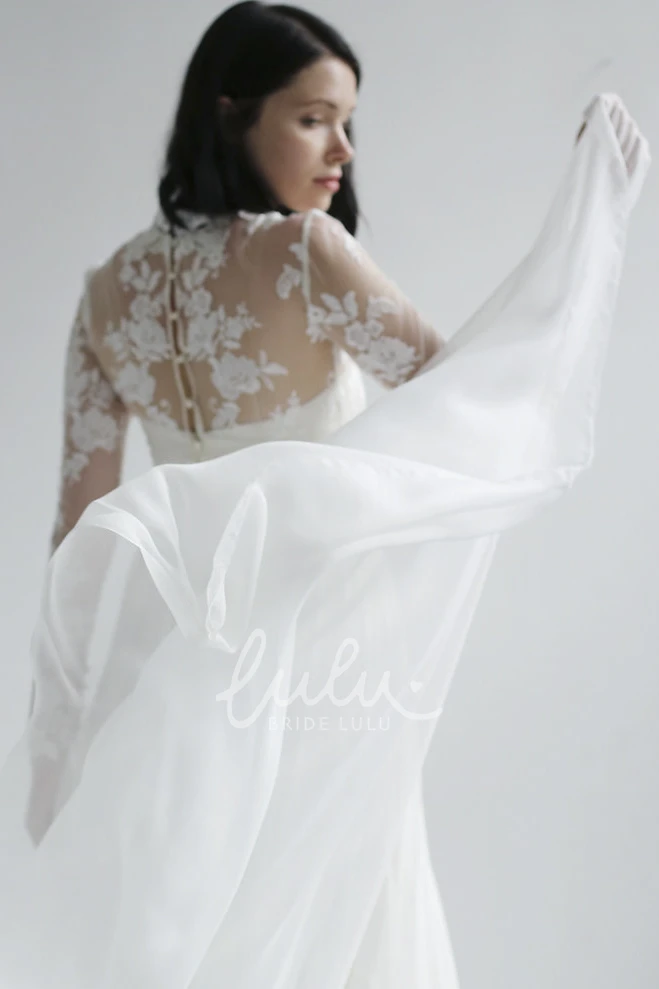 Vintage High Neck Lace Chiffon Wedding Dress with Long Sleeves