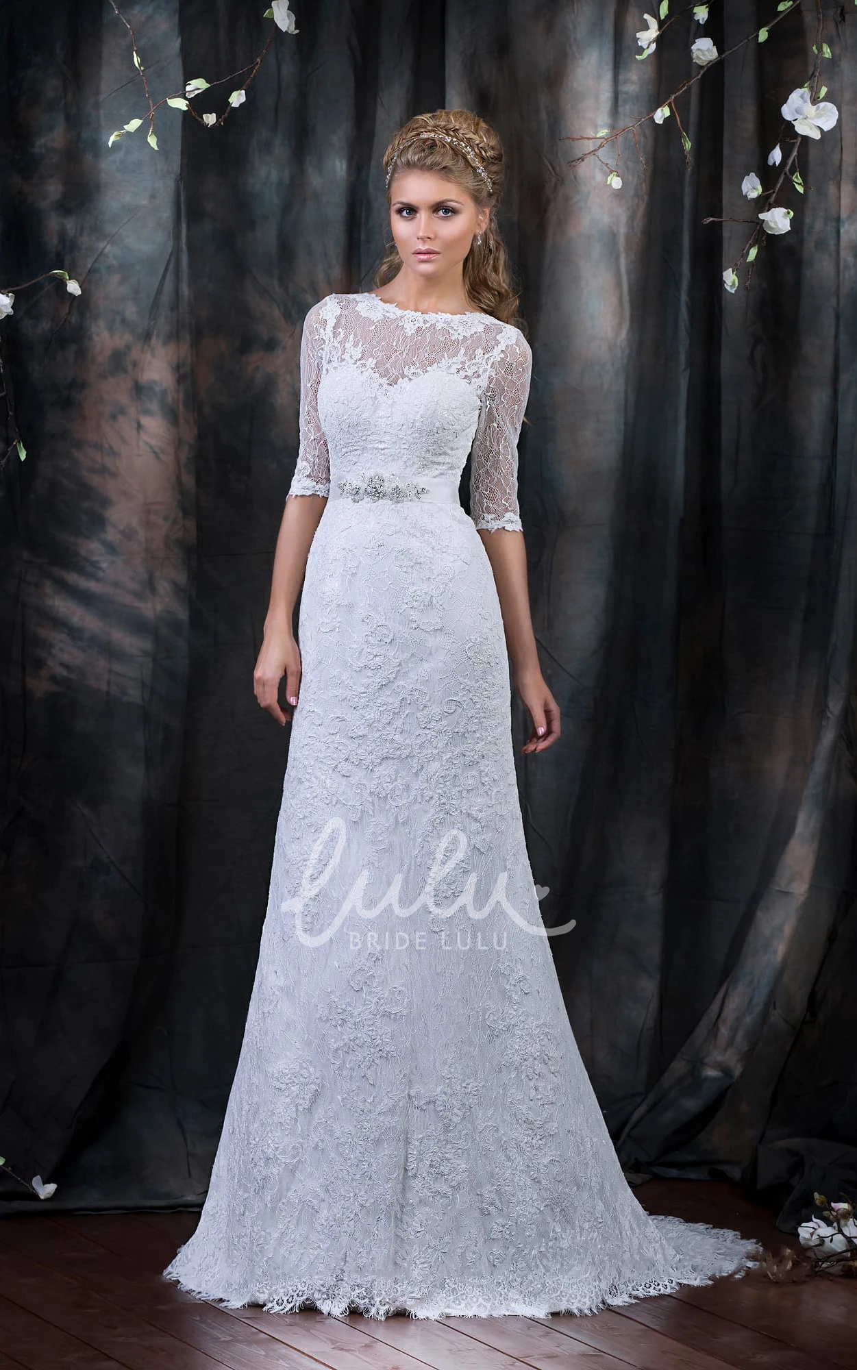 Bateau Neckline Lace Dress with Half Sleeves and Ribbon Detail