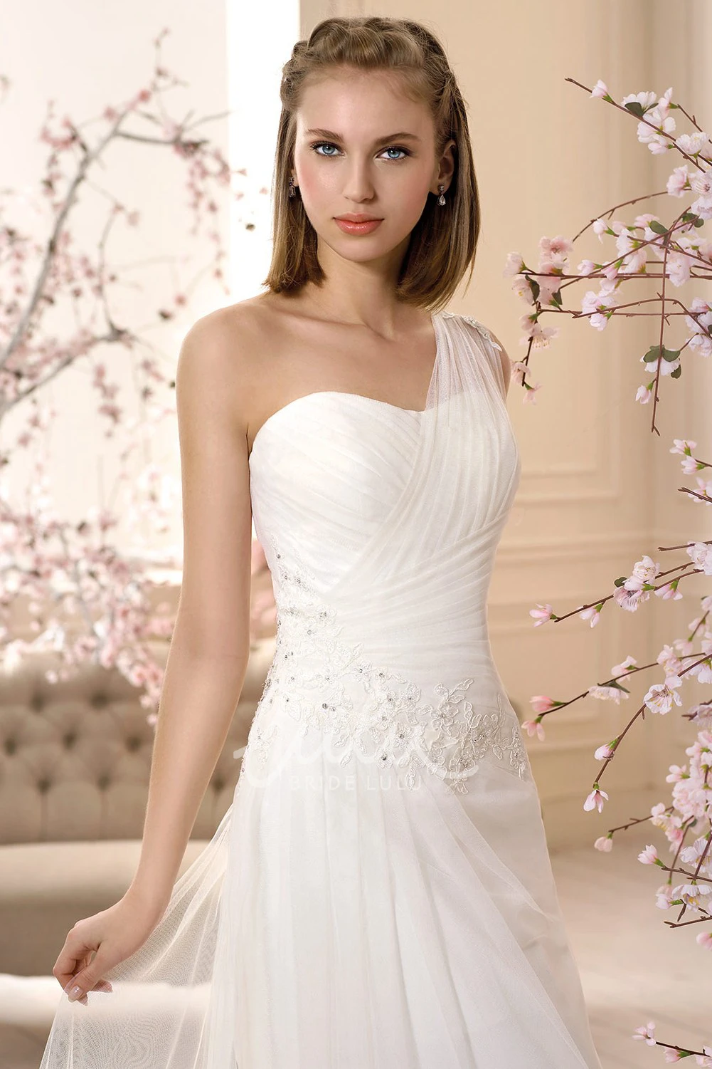 Ruched Tulle One-Shoulder Wedding Dress with Appliques Sleeveless