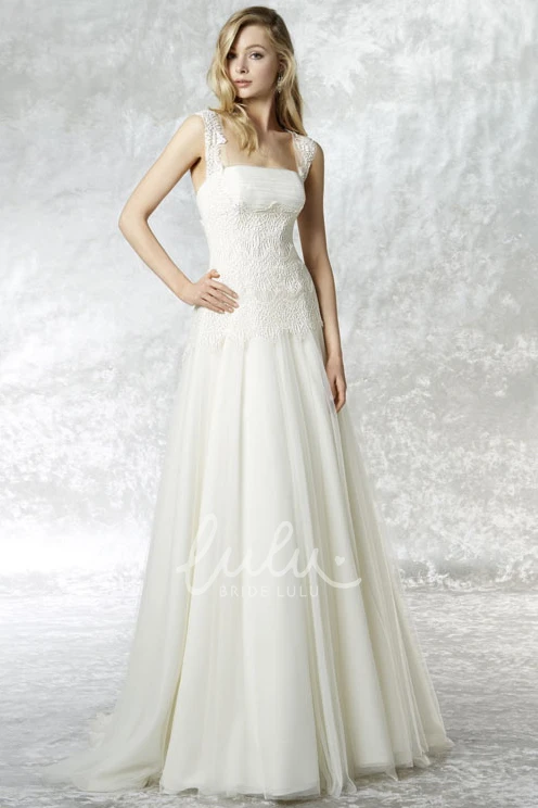 Appliqued Tulle Wedding Dress with Square Neckline and V Back Unique Bridal Gown