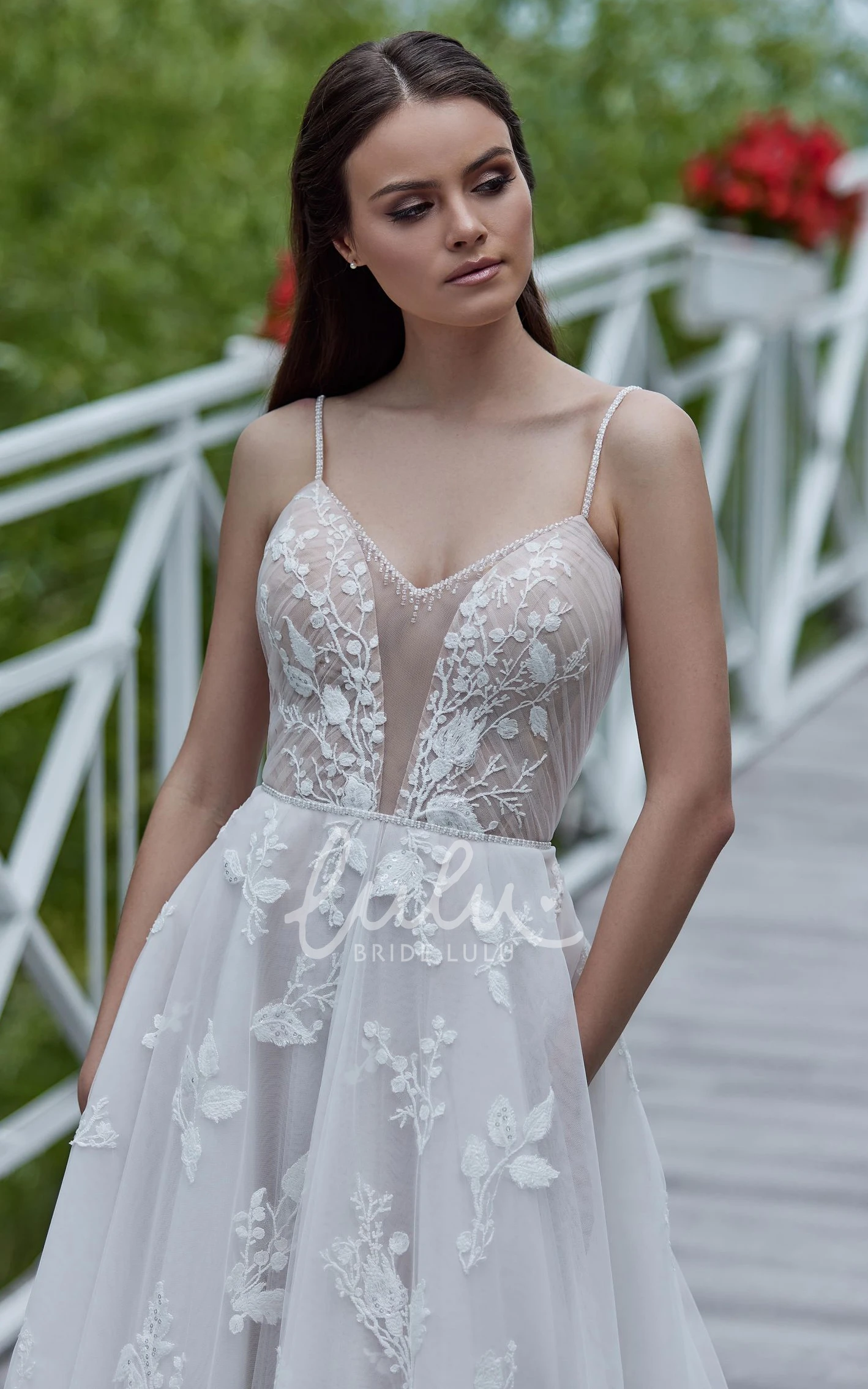 Garden Wedding Dress with Lace A-Line Silhouette Spaghetti Straps Open Back and Appliques Classy and Romantic