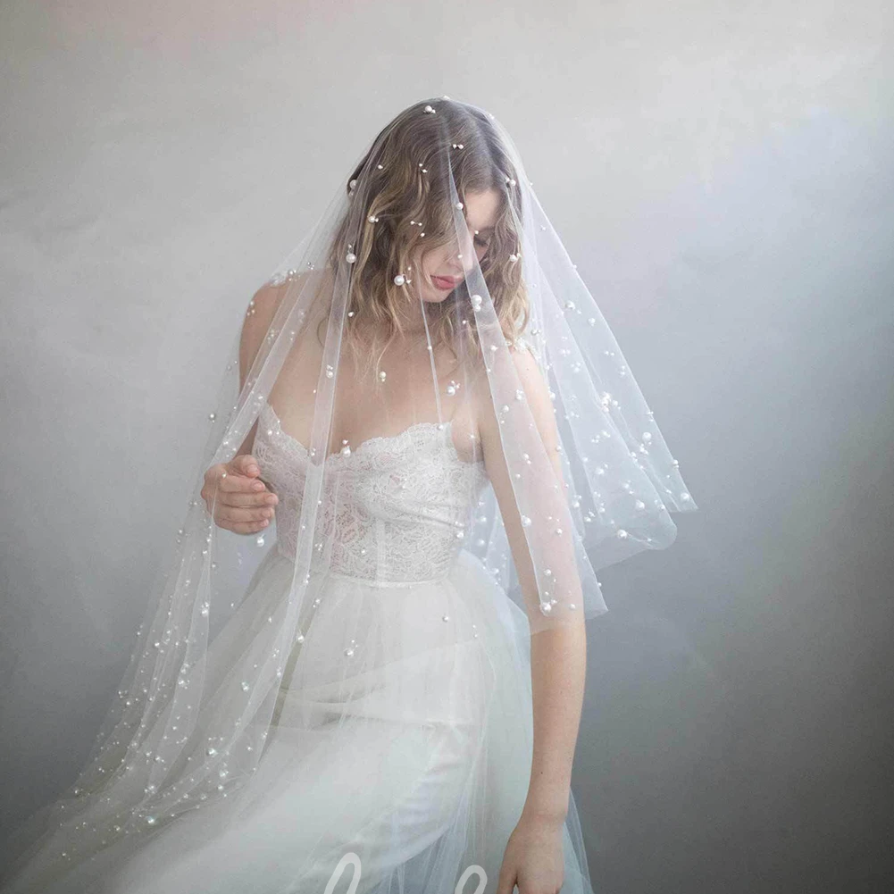 Elegant Two Tier Tulle Beaded Fingertip Veil