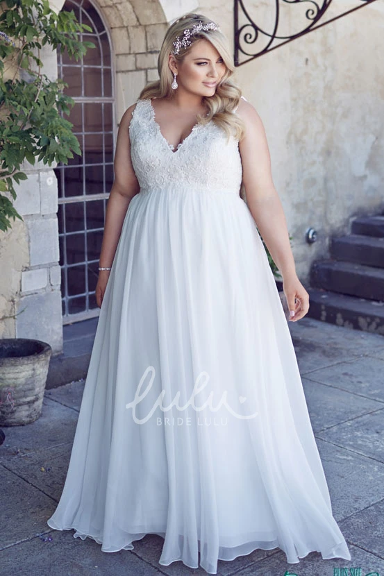 Plus Size Chiffon Wedding Dress with Appliques Sleeveless V-Neck Floor-Length Gown