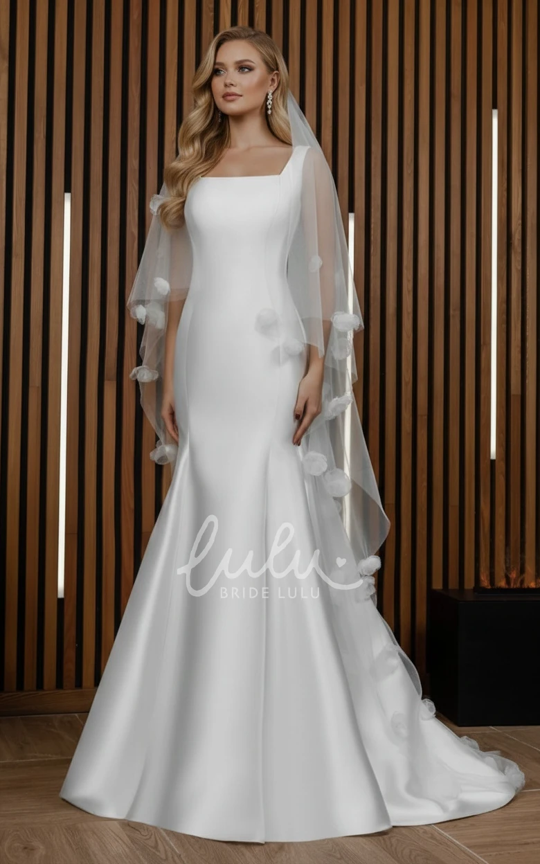 Romantic Simple Mermaid Satin Square Neck Fit and Flare Dress for Wedding Modern Minalist Trumpet Wide Strap Sleeveless Reception Bridal Gown