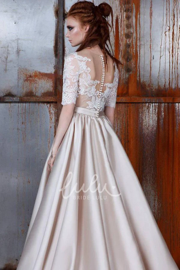 Half Sleeve Lace A-Line Wedding Dress with Illusion Top Elegant Bridal Gown