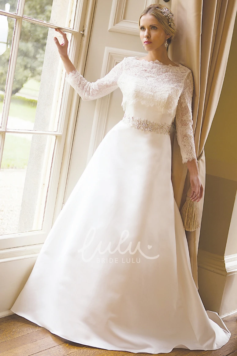 Satin Long Sleeve A-Line Wedding Dress with Bateau Neckline Classic Bridal Gown