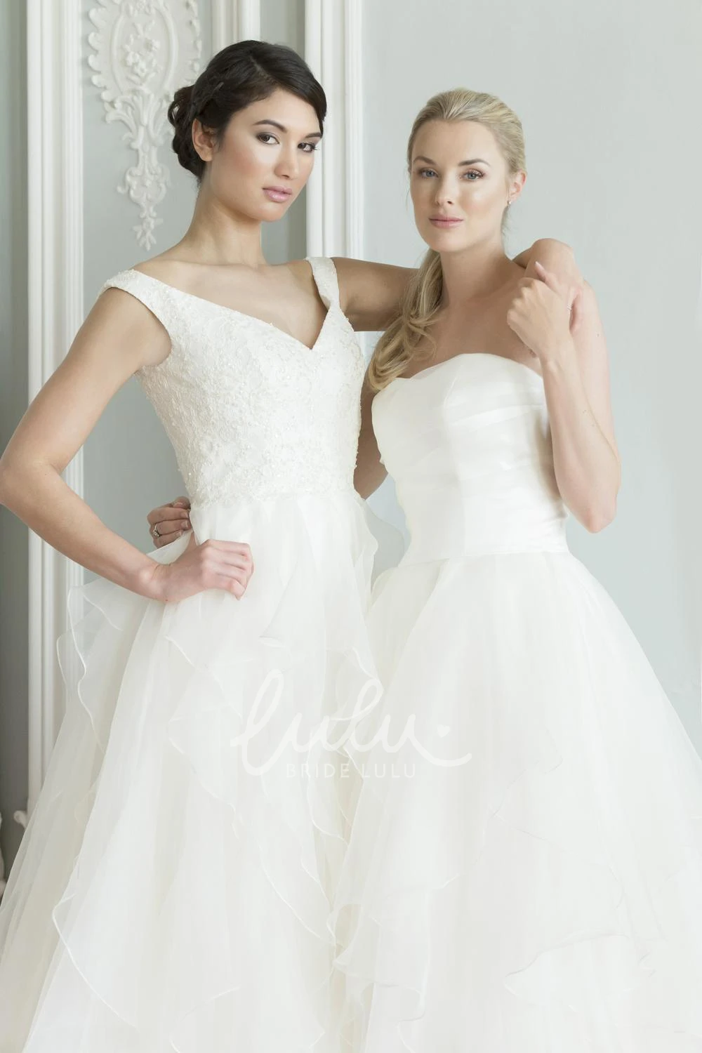 Long Sleeveless Lace Wedding Dress with V-Neck and A-Line Silhouette