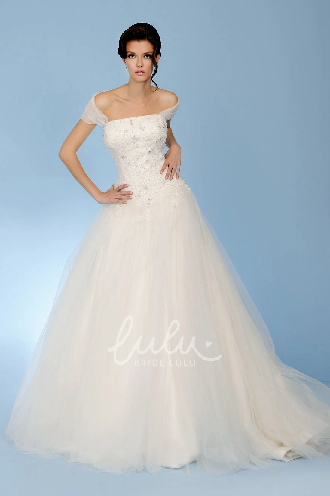 Strapless Appliqued Tulle Wedding Dress with Illusion Back and Court Train Ball-Gown Floor-Length