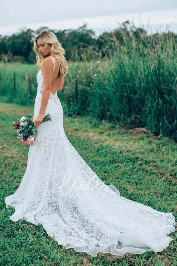 Spaghetti Lace Sheath Wedding Dress with Zipper and Deep-V Back