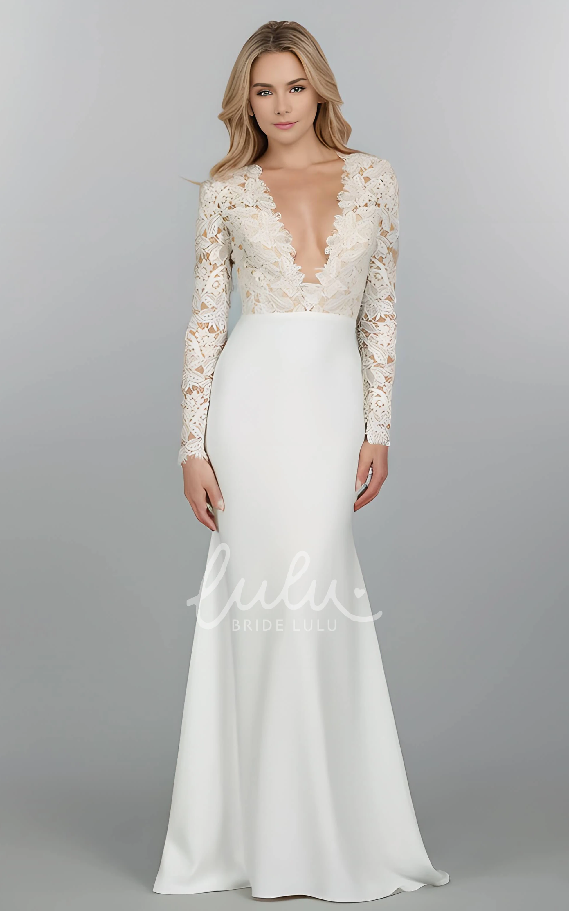 Long Sleeves Plunging V Neck Mermaid Lace Sexy Vintage Wedding Dress for Women
