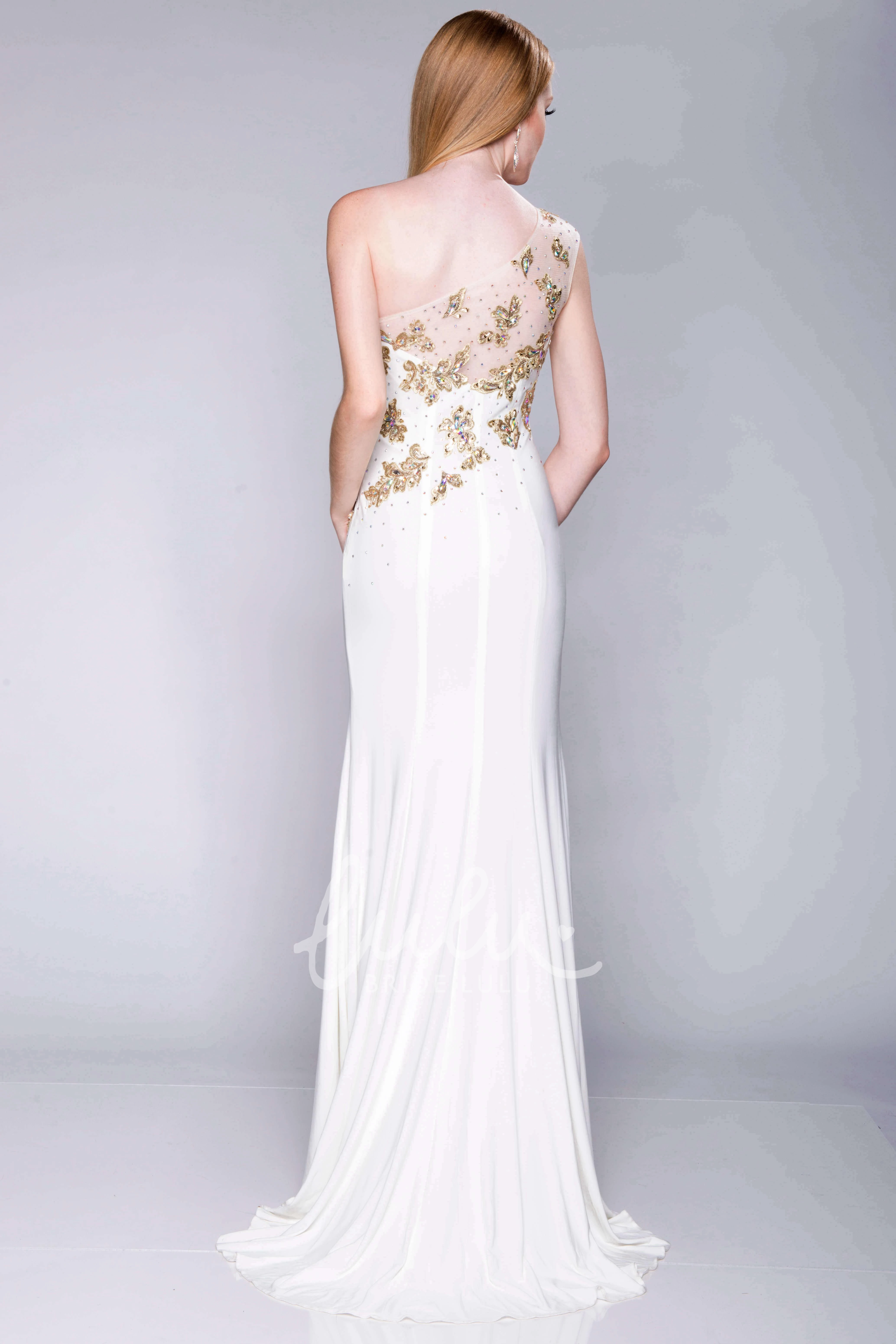 Column Prom Dress with Beaded Appliques One-Shoulder Side Slit Elegant