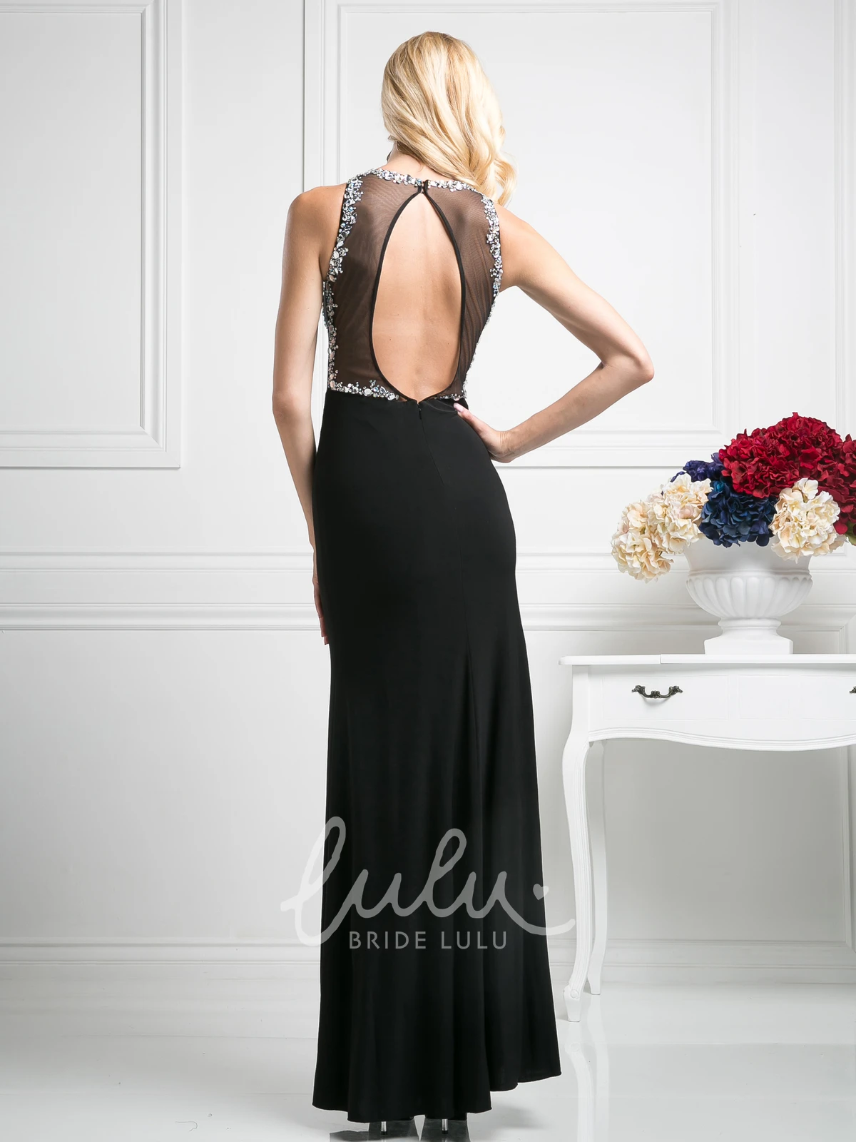 Crystal Detailing Chiffon Sheath Dress with Jewel-Neck and Keyhole