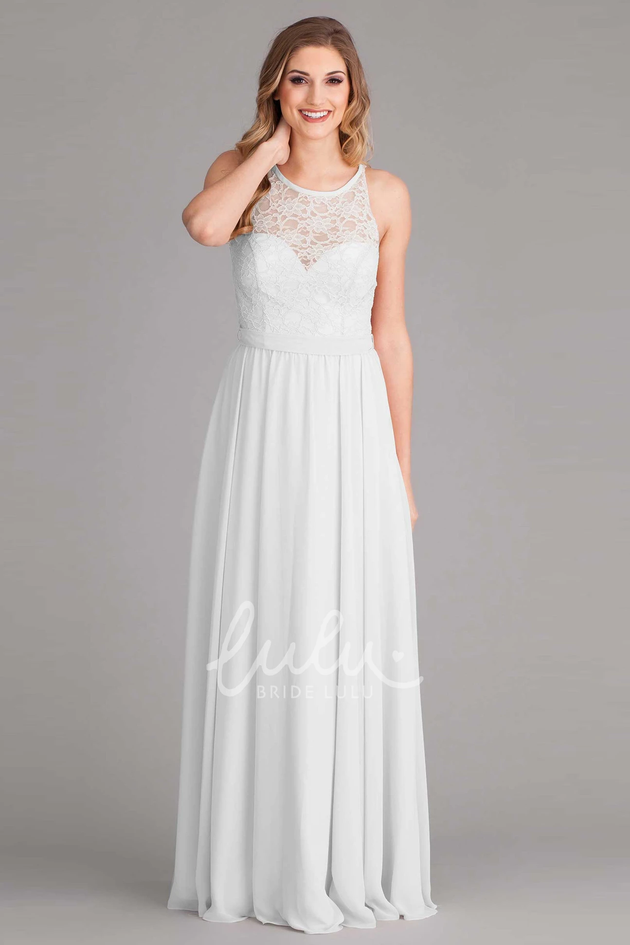 Lace Chiffon Wedding Dress Sleeveless Maxi Scoop-Neck Elegant
