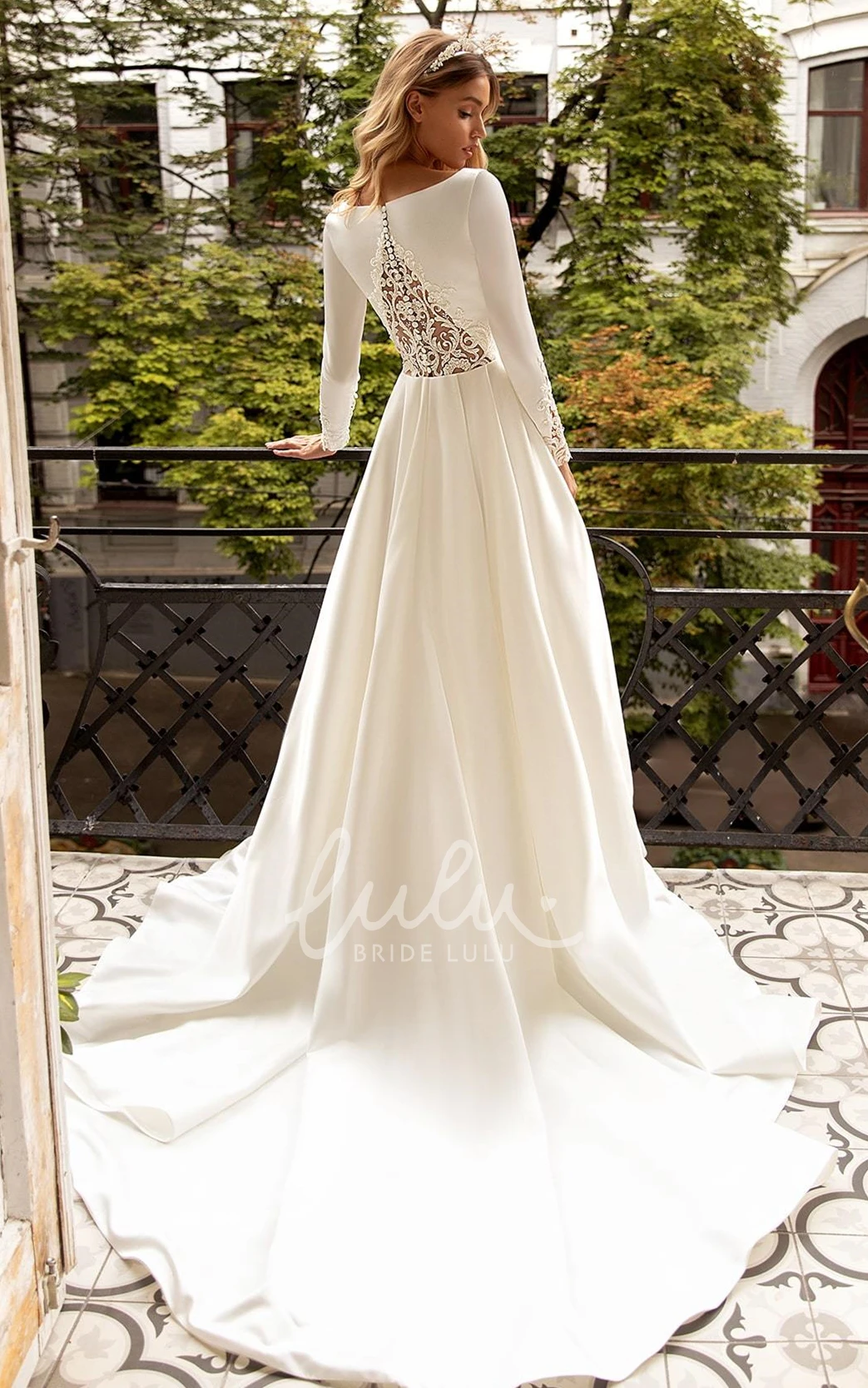 Ethereal Ruched Long Sleeve A Line Satin Wedding Dress