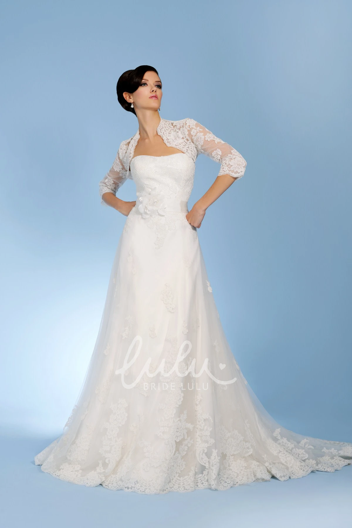 Caped Lace Wedding Dress with Appliques and Flower A-Line Strapless 3-4-Sleeve
