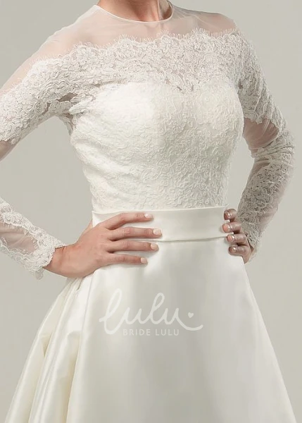 Illusion High Neck A-Line Satin Wedding Dress with Long Sleeves
