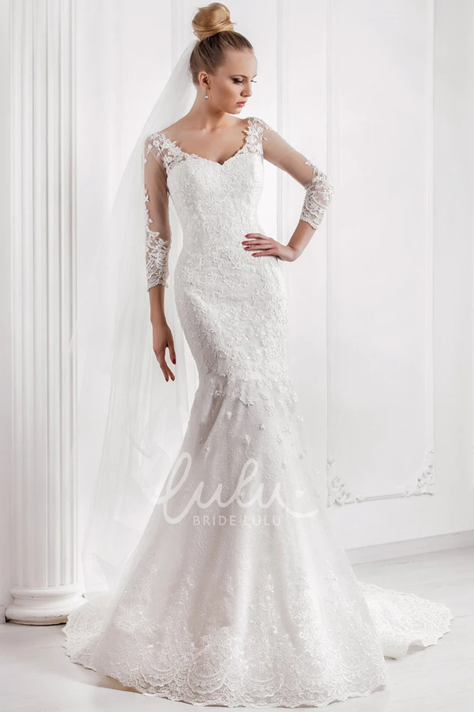 V-Neck Lace Wedding Dress with Court Train and 3/4 Sleeves Mermaid Bridal Gown