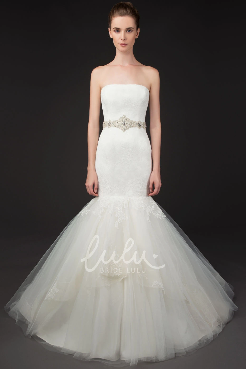 Mermaid Lace and Tulle Wedding Dress Ruffled Strapless Maxi with Deep-V Back and Waist Jewelry