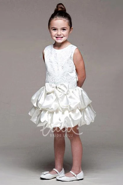 Tiered Midi Flower Girl Dress with Bowed Lace and Satin Unique Prom Dress