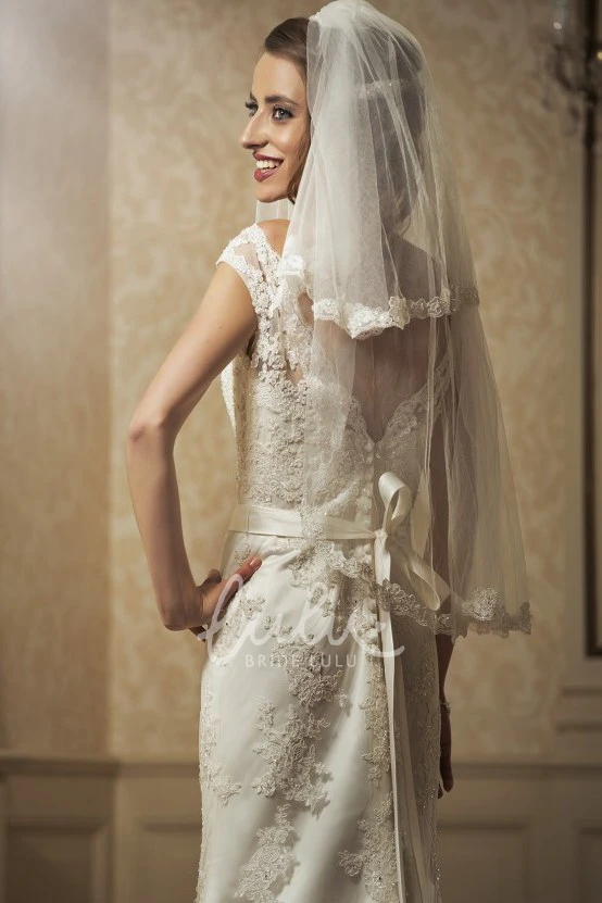 Lace Appliqued Cap-Sleeve Sheath Wedding Dress with Waist Jewelry and Bow Elegant Wedding Dress