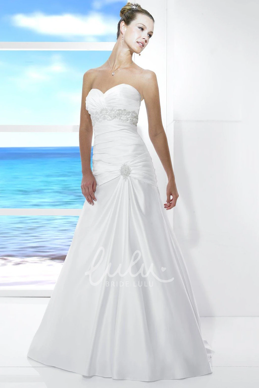 Taffeta Ruched Beaded Sweetheart Wedding Dress Maxi Length