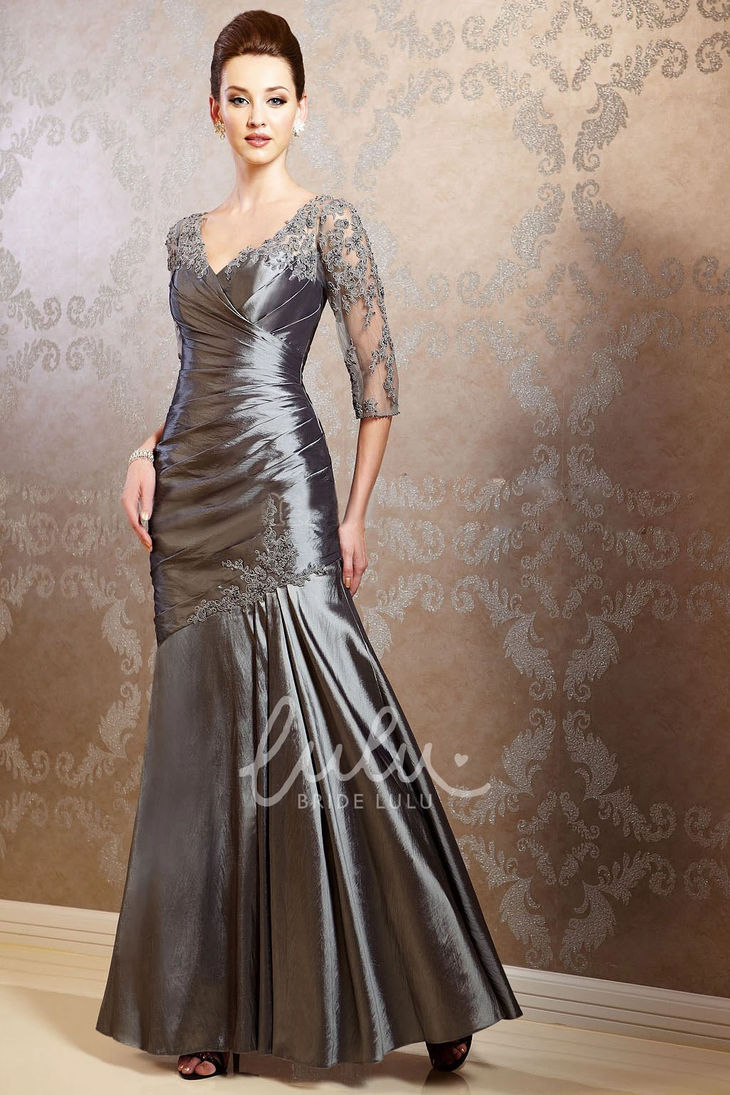 Appliqued Pleated Taffeta Gown Flowy Prom Dress