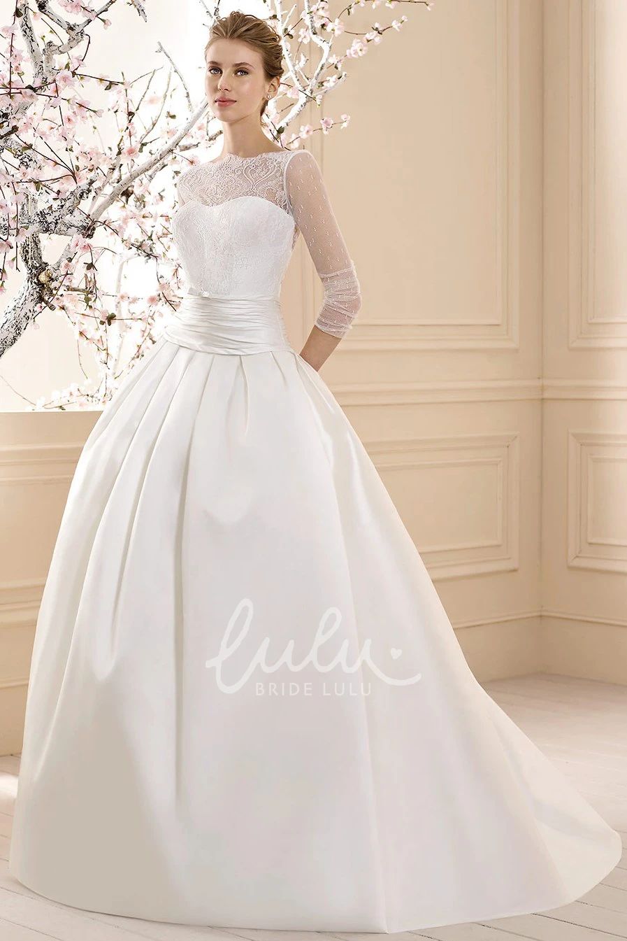 Long Sleeve High-Neck Satin Wedding Dress with Lace Classy Bridal Gown