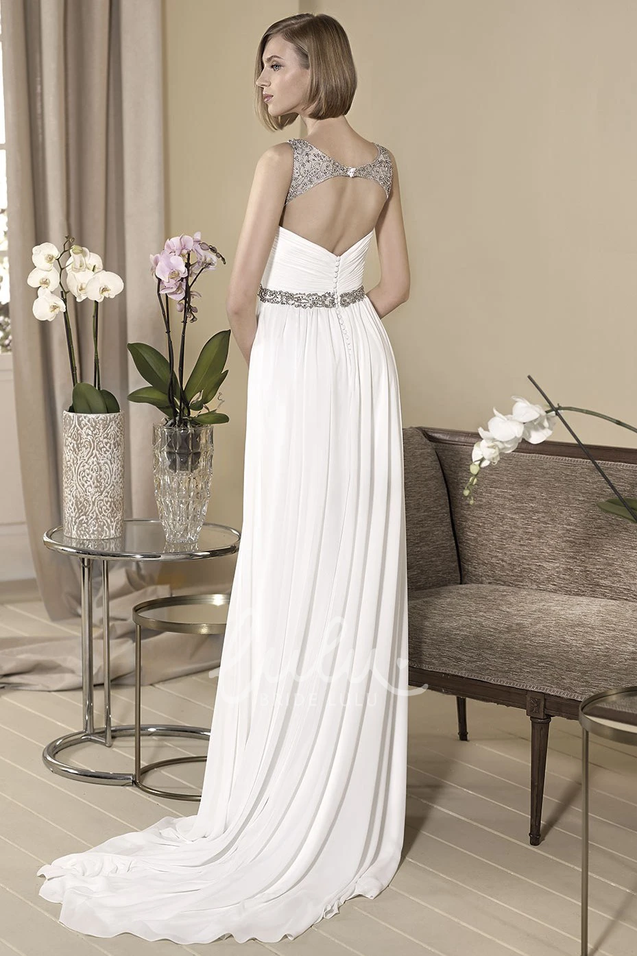 V-Neck Ruched Chiffon Wedding Dress with Waist Jewelry Sleeveless Sheath