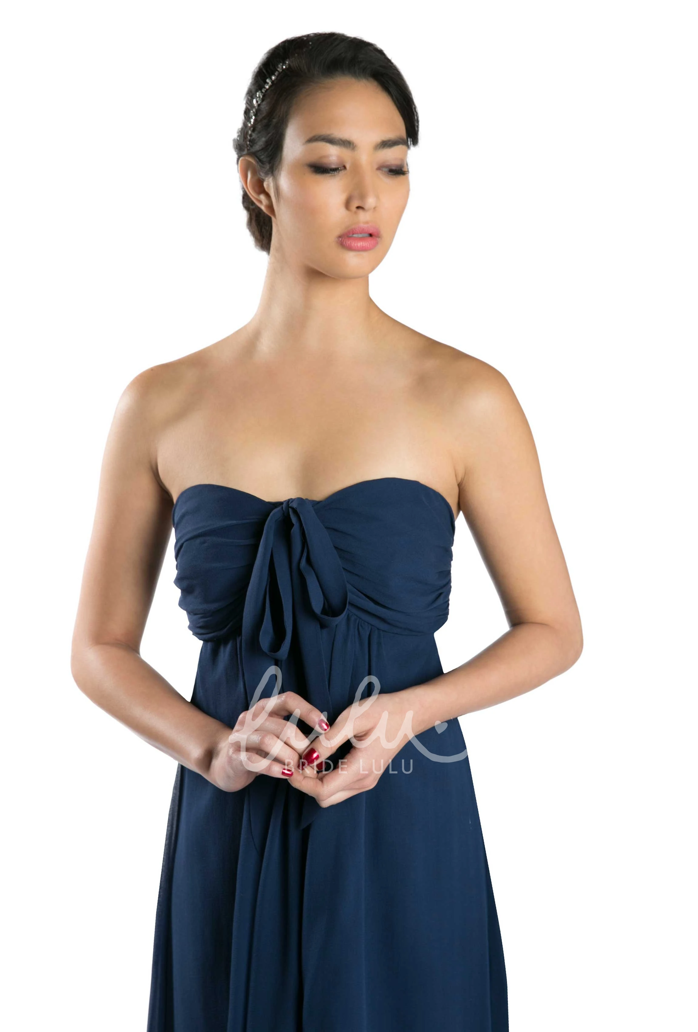 Strapless Tea-Length Chiffon Bridesmaid Dress in Multi-Color Bow Detail and Ruching