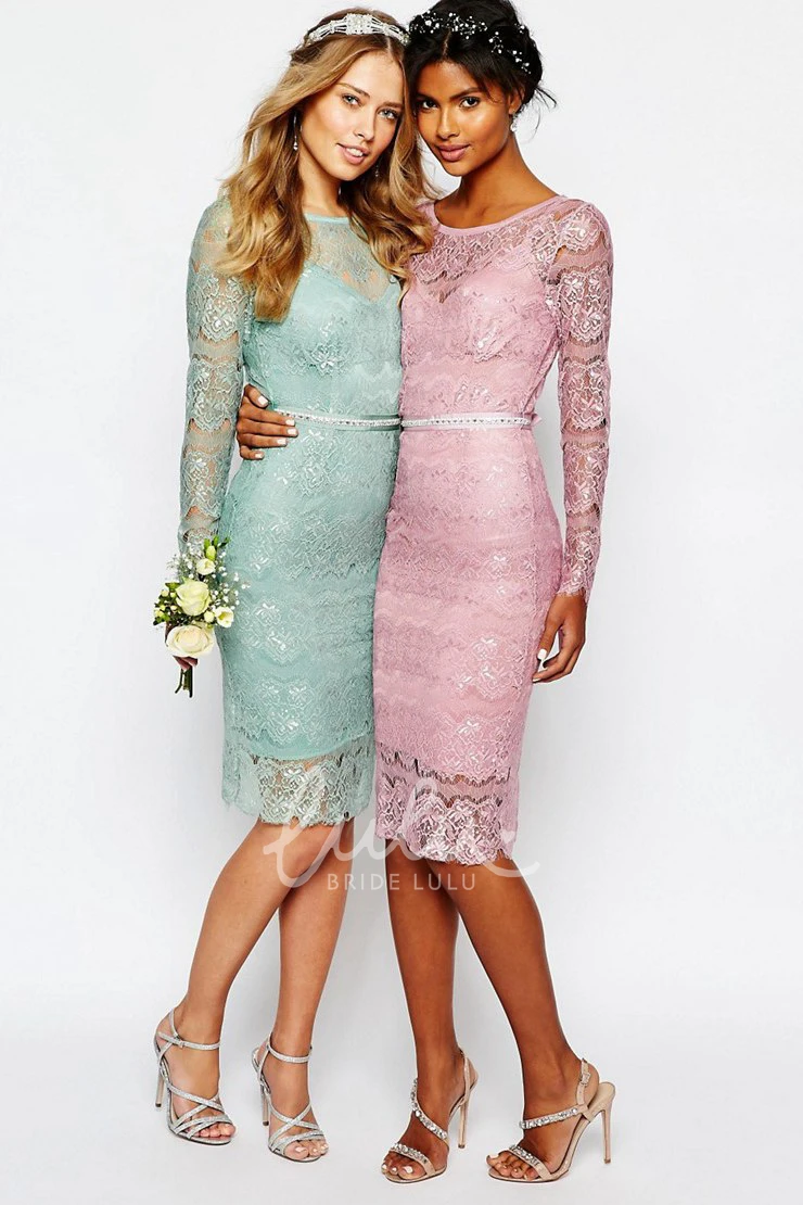 Beaded Lace Long Sleeve Bridesmaid Dress Knee-Length Scoop Neck