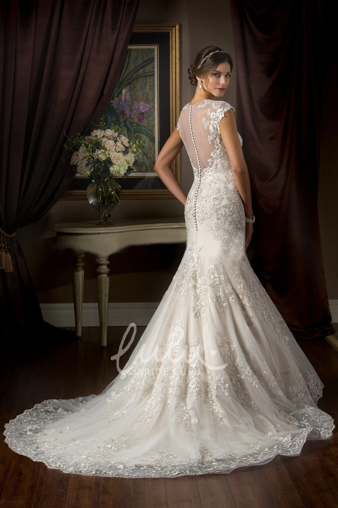Mermaid Wedding Dress with High Neck Cap Sleeves Appliques and Illusion Back