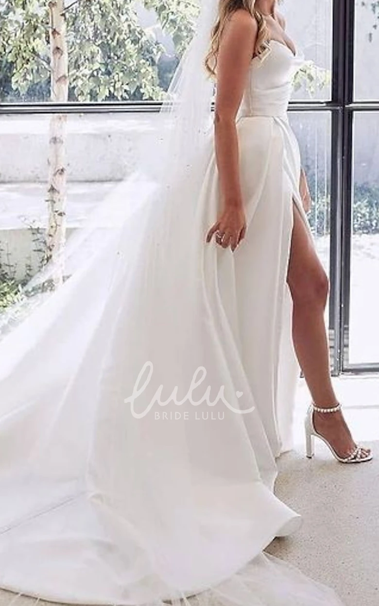 Sexy Beach Garden A-Line Satin Ball Gown Wedding Dress Formal Modern V-Neck Strapless Asymmetrical Split Front Prom Party Gown