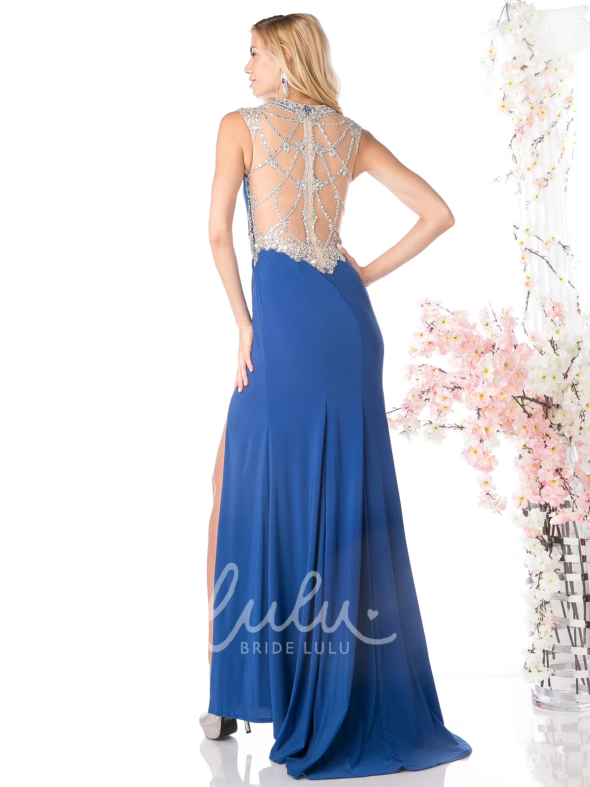 Jewel-Neck Jersey Illusion Prom Dress With Beading And Split Front Sheath