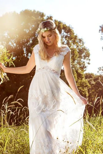 Vintage Modest A-Line Cap Sleeve Boho Lace Maxi Winter Wedding Dress Floral Country V-Neck Empire Waist Low Back Barn Bridal Gown