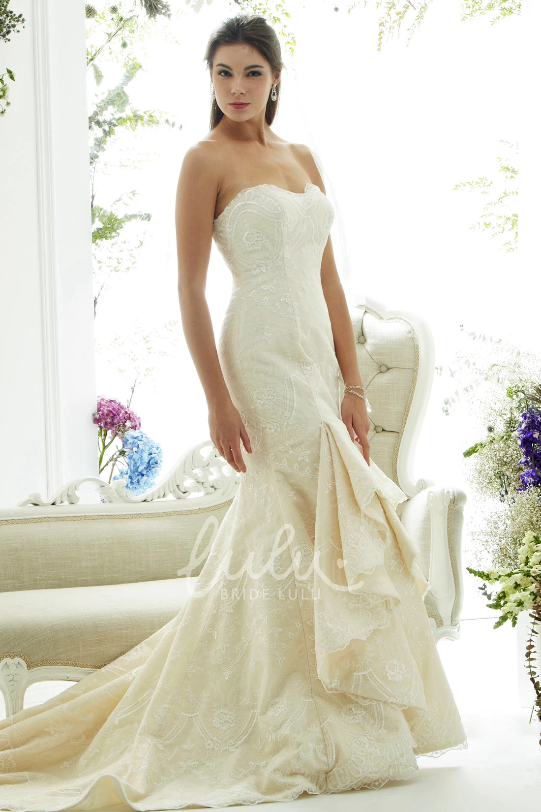 Strapless Mermaid Wedding Dress with Applique Detail Draping and Court Train