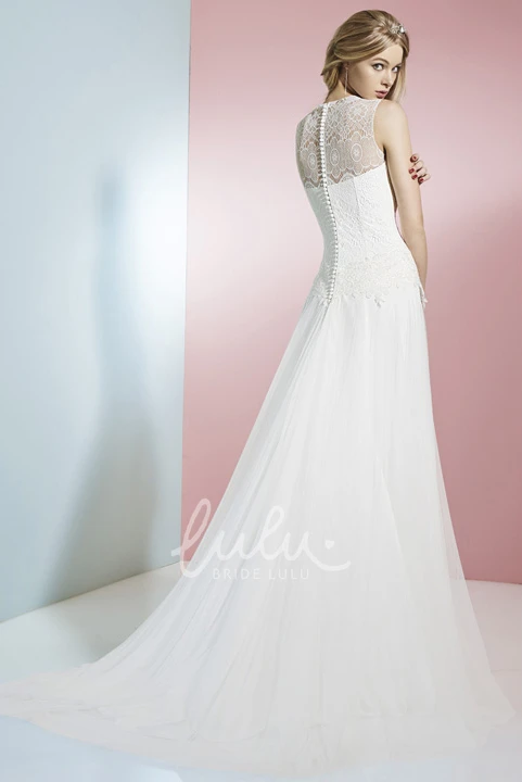 Sleeveless Lace Chiffon Wedding Dress with Illusion Back Jewel A-Line