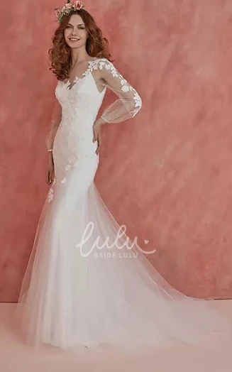 Romantic Tulle Trumpet Long Sleeve Wedding Dress With Appliques Elegant Bridal Gown