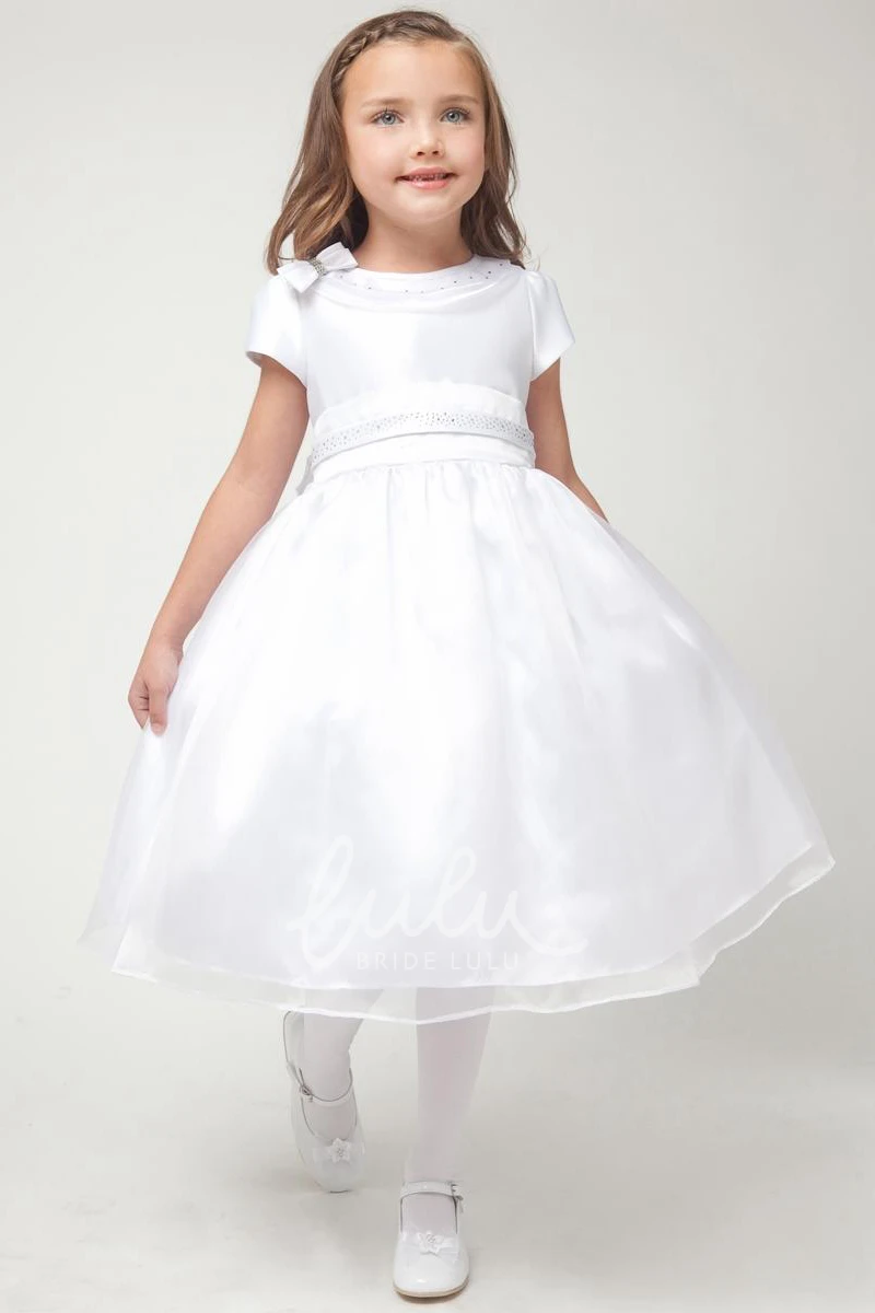 Cap-Sleeve Organza and Satin Tea-Length Flower Girl Dress with Bow