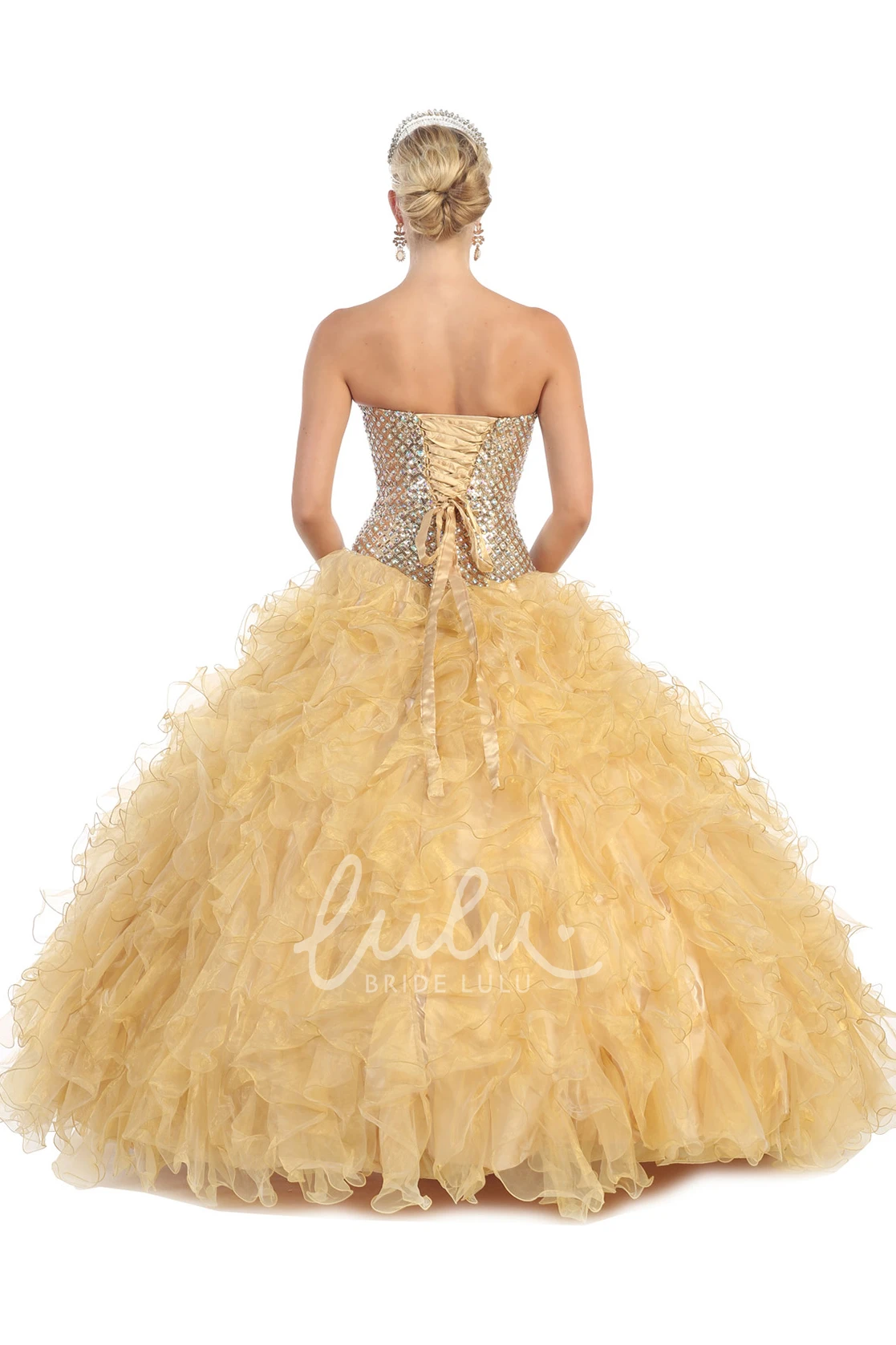 Organza Ruffled Ball Gown Dress Maxi Strapless Corset Back