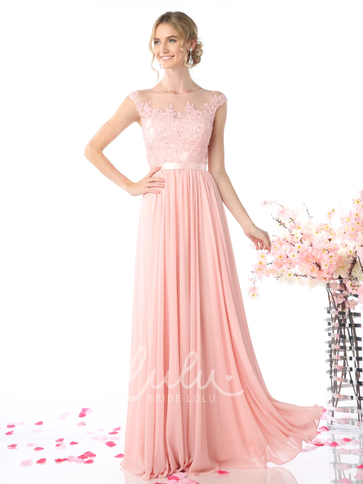 Cap-Sleeve Chiffon A-Line Formal Dress with Lace and Pleats