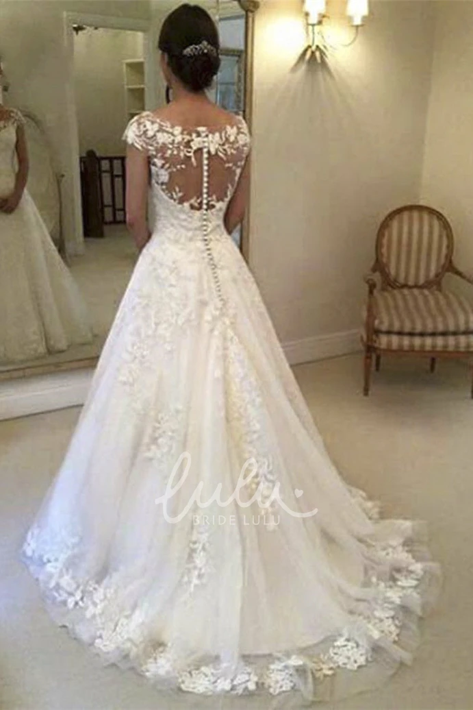 Adorable Cap Sleeve Lace Wedding Dress with Illusion Button Back