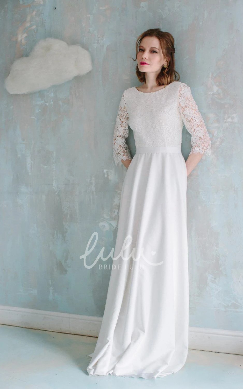 Vintage Style Lace Sheath Wedding Dress with Low-V Back Half Sleeves