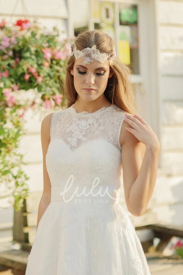 Knee-length Lace Wedding Dress with Jewelry Neckline and Illusion Sleeves
