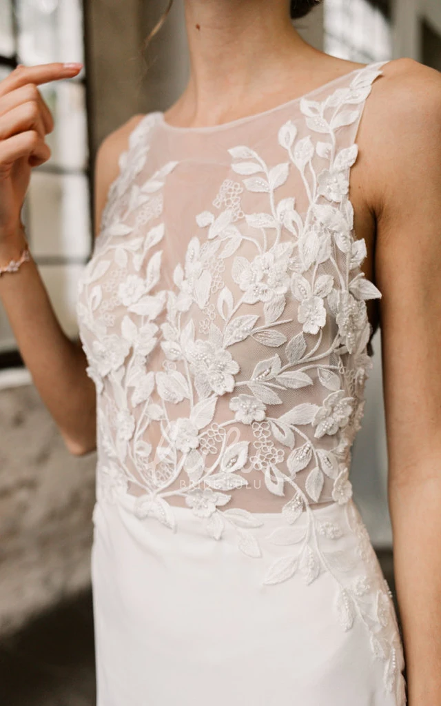 Sheath Satin Sexy Open Back Illusion Tulle Applique Elegant Trailing Wedding Dress