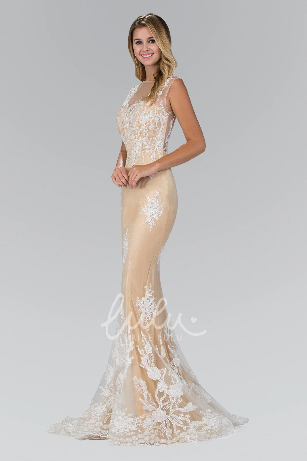 Sleeveless Sheath Tulle Illusion Dress with Appliques Maxi Jewel-Neck