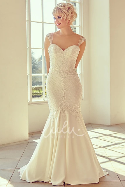 Sweetheart Beaded Chiffon Wedding Dress with Cap-Sleeves Floor-Length Bridal Gown