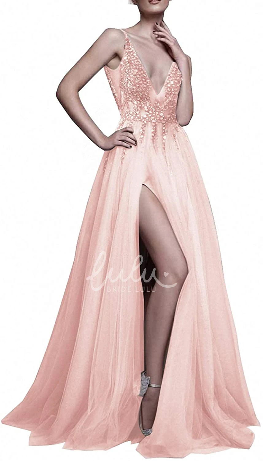 Sleeveless V-neck Tulle A-line Prom Dress with Beading Glamorous
