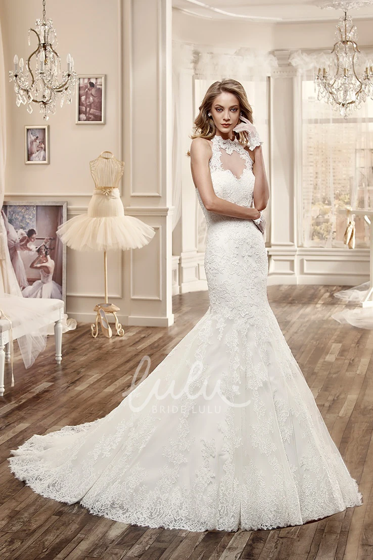 Lace Mermaid Wedding Dress with High Neck and Brush Train Elegant Bridal Gown